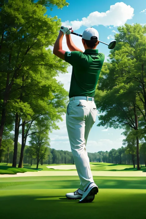 Golf player teeing off, vibrant green grass, 4k, high definition, trees and sky in background