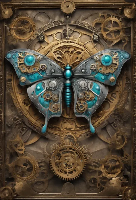 Butterfly, gold, turquoise, lavender , silver, insect, mechanical wings,gears, high def , single butterfly, colorful , no background,