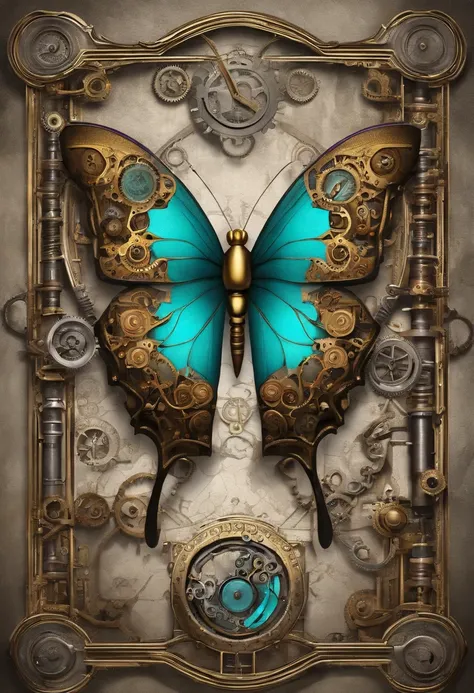 Butterfly, gold, turquoise, lavender , silver, insect, mechanical wings,gears, high def , single butterfly, colorful , no background,