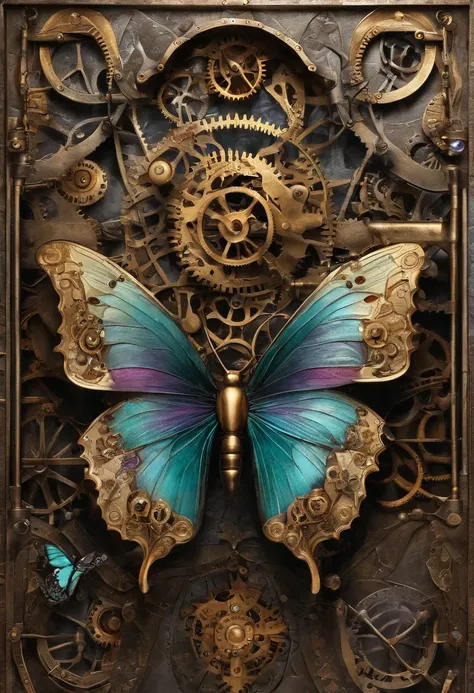 "(best quality,highres,ultra-detailed,masterpiece:1.2),realistic,photorealistic:1.37,butterfly,gold,turquoise,lavender,silver,insect,mechanical wings,gears,colorful,sharp focus,vivid colors"