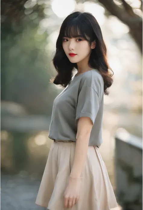 Black hair shortcuts、full body seen、Age is about 18 to 20 years old、The body shape is a little overweight、Height is 150 cm、japanes、a miniskirt、One T-shirt