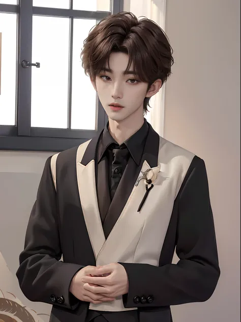 ((4K works))、​masterpiece、（top-quality)、((high-level image quality))、((One Manly Boy))、Slim body、((Man in black tuxedo))、(Detailed beautiful eyes)、window、deacon、Face similar to Chaewon in Ruseraphim、((short hair above the ears))、((Smaller face))、((Neutral ...