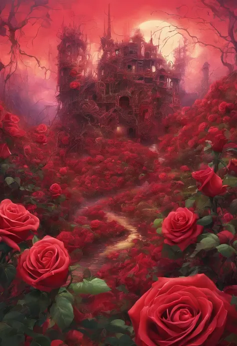 A factory overgrown with roses，Red particles floated in the sky，Tall buildings full of vines，Wasteland wind，Eschatological，Humans in protective clothing