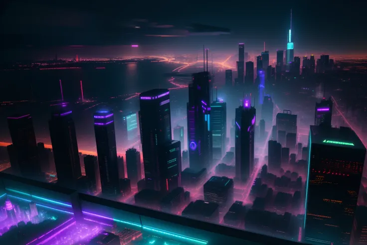 view from o hotel room, cyberpunk 2077 city high quality, glowing led lights, night