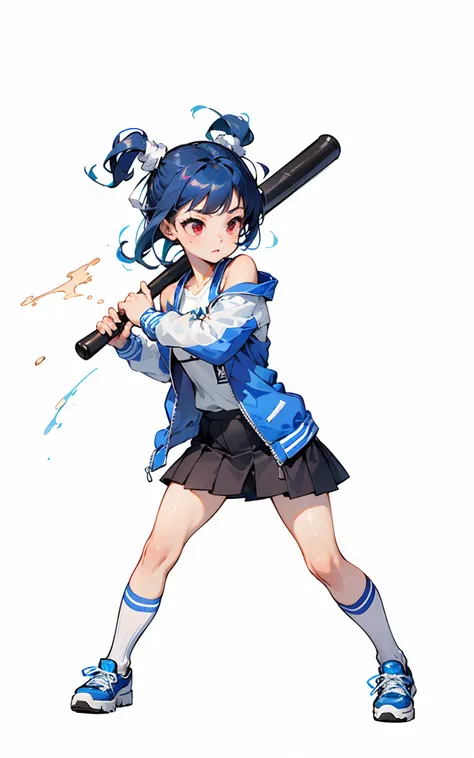 (Master piece, best quality, good anatomy, 4k), 1 girl, solo, tanned skin, red eyes, happy looking forward, blue hair, chun li hairstyle, white ribbons, blue jacket, white top, black small skirt, white legwears, blue platform shoes, grabbing correctly the ...