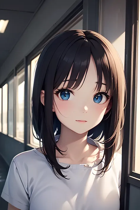 a junior high school student, female, beautiful and cute, solo character, (black single sidelock hair), bright eyes, gradient eyes, school unifrom, breeze blow,(anime style), (cinematic lighting), (ray tracing), ((reflection light)), ((half-body-shot)), at...