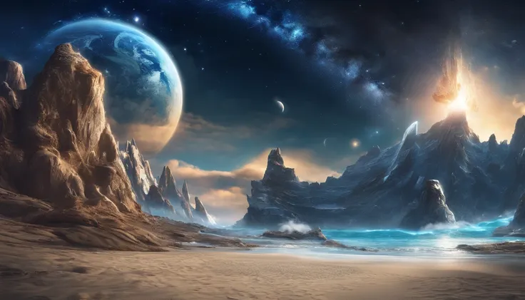 huge planet, the night, starrysky, surrealism, masutepiece, hight resolution、Impressive Milky Way:1.9、sand beach、Vast blue ocean、Blue glacier、lightning bolt:1.9、Protoplanets