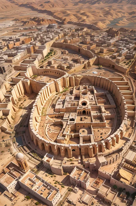 aerial view, natural lighting, the biblical city of Jericho in the middle of the desert, double concentric walls, irregular constructions within the walls, defensive towers on the walls, Biblical architecture, Canaanite architecture, a river located west o...