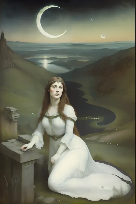 (((Pre-Raphaelite painting of a goddess on top of a mountain, Flowing white clothes, Large crescent moon in night sky, paisagem celta, bruxaria, Wicca, anoitecer)))