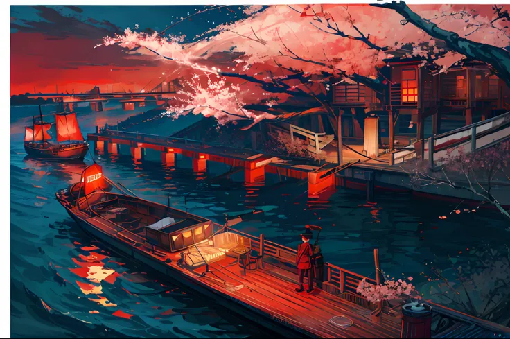 during night, An old marching ship , Sailing, Crimson Moon ,Red cherry blossom tree, River ,high tide,Rock music, calm, fascinating views, Moonshine scent,fascinating views,,Digital painting,Winding,concept-art, illustration,((Light red theme))