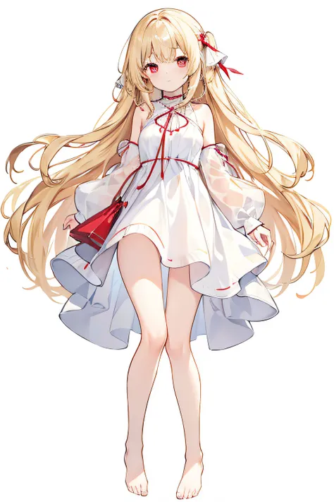 female, 1 girl full body, girl with short body, Colors,(detailed face) Long-haired girl, light blonde hair, straight ankle-length hair, fair skin, great red eyes, girl wearing a transparent white dress that reaches her ankles, bare feet, small breasts,