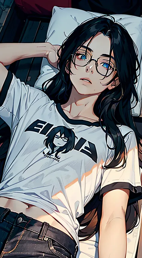 Long haired beauty wearing black glasses in white t-shirt blue jeans，Lie down，There is blood in the wrist