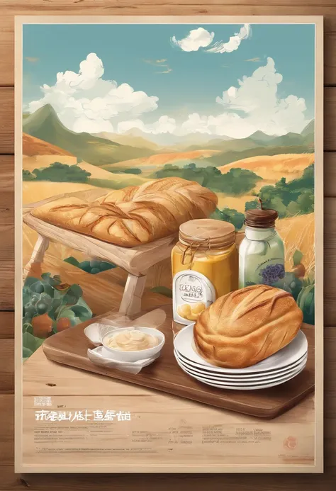 There is bread on the wooden table，Eau，lewd juice，Breakfast food，the fruits，Blue sky and white clouds，Idyllic