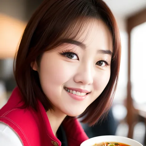 photograph of-realistic (1 cute Korean actress), vests, At a ramen shop, Smiling, Canon EOS, Clear facial features, closeup portrait, Movie mode, 8K