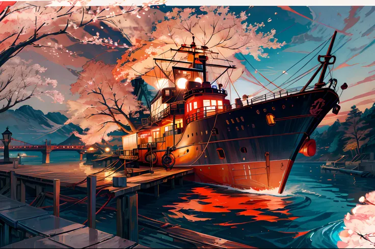 during night, An old marching ship , Sailing, Crimson Moon ,Red cherry blossom tree, River ,high tide,Rock music, calm, fascinating views, Moonshine scent,fascinating views,,Digital painting,Winding,concept-art, illustration,((Light red theme))