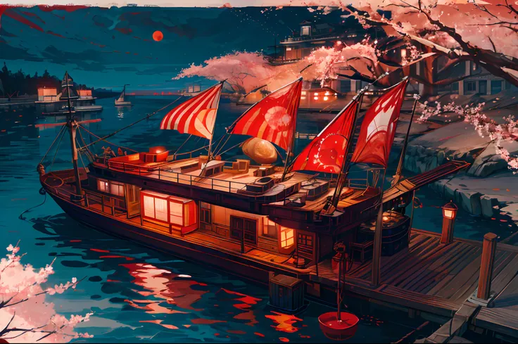 during night, An old marching ship , Sailing, Crimson Moon ,Red cherry blossom tree, River ,high tide,Rock music, calm, fascinating views, Moonshine scent,fascinating views,,Digital painting,Winding,concept-art, illustration,((Light red theme))