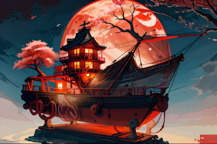 during night, An old marching ship , Sailing, Crimson Moon ,Red cherry blossom tree, River ,high tide,Rock music, calm, fascinating views, Moonshine scent,fascinating views,,Digital painting,Winding,concept-art, illustration,((Light red theme))