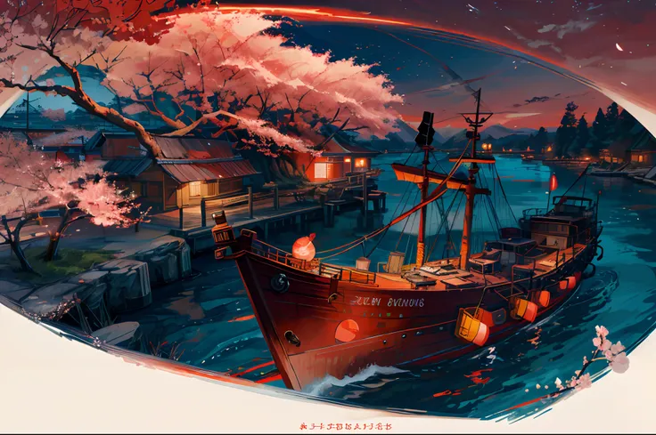 during night, An old marching ship , Sailing, Crimson Moon ,Red cherry blossom tree, River ,high tide,Rock music, calm, fascinating views, Moonshine scent,fascinating views,,Digital painting,Winding,concept-art, illustration,((Light red theme))