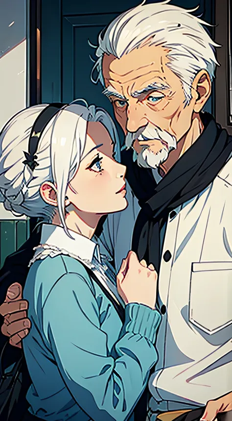 An old couple with white hair，Love