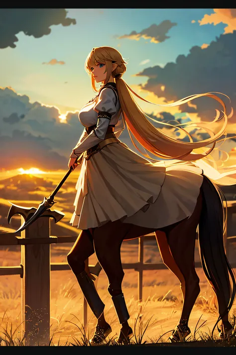 4K,hight resolution,One Woman,a centaur,greyt hair,poneyTail,Light blue eyes,Princess Knight,battleaxe,large view,Full body photo,Delicate Beautiful Attractive Face,stunningly beautiful girl