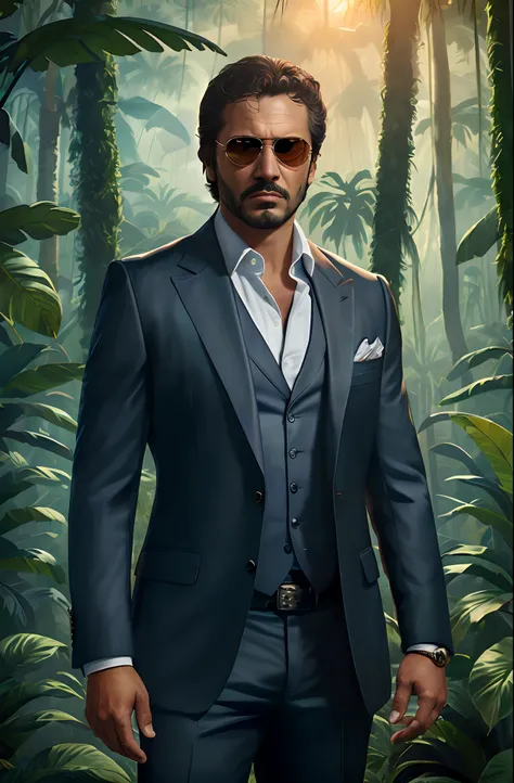 hiper realista, Photograph of a man in a suit and sunglasses in a jungle, Epic portrait photography, epic and elegant portrait, Epic cinematic, foto detalhada da arte do jogo, Trend in the photo, Retrato de John Wick, Tony Montana, Tony Sart altamente deta...