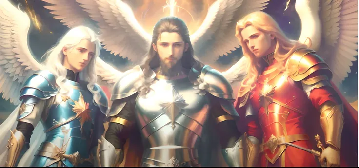 Create an image that represents the three heavenly archangels, with the characteristic colors and attributes. An image of St. Michael, Saint Raphael and Saint Gabriel, lado a lado. St. Michael is wearing golden armor and wielding a sword. St. Raphael is we...