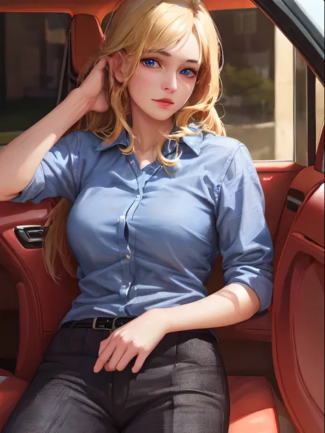 (realistic, painting style), mature, woman, red checkered shirt, brim pants, long hair, blonde hair, beautiful hair, blue eyes, masterpiece, best quality, cowboy_shot, looking at viewer, inside car,