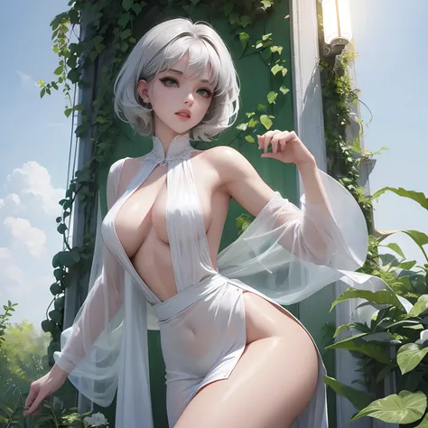 finest image, female, sexy, beautiful, cute, amorous expression, lewd expression, ecstasy, orgasm, light silver glossy braided bangs iridescent short hair, emerald green sparkling big eyes, double eyelids, white anime style fluffy long eyelashes, red allur...