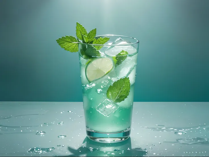 Lemonade in a glass, mint leaves, in an aqua and white background, flowers,  ice cubes, halo, fluid motion, dynamic movement, soft lighting, digital painting,  rule of thirds composition