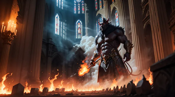 a large demon of fire and smoke in a cathedral