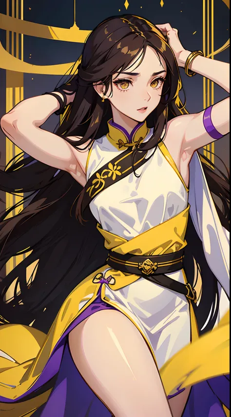 Beautiful woman , very long hair , dark brown hair , gold eyes , lean body , yellow under hair , age 26

Wearing a white dress, purple and gold trim , black straps, sleeveless , long white arm bands , modern Qipao, Sexy , light purple accessories ,