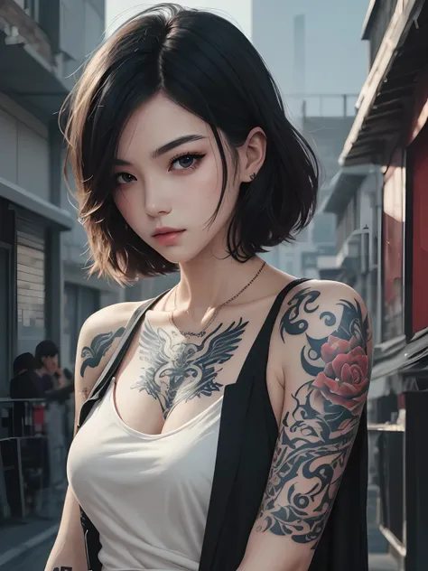 detailed illustration of girl in champagne trendy supreme clothes in a city, worm eye angle camera, short black hair, wolfcut hairstyle, black eyes, ((have a tattoo on hand, tattoo art, full tattoo art, tattoo on face, dragon motive tattoo)), beauty black ...