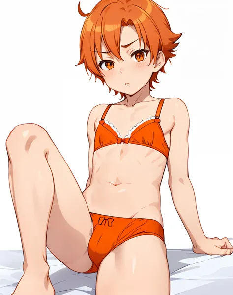 Anime boy in bra with orange bow, aya takano color style, Orange bra, Makoto, Only underwear, garments:bra very, Rin, Anime boy with red short hair, Anime boy with brown eyes, marin kitagawa fanart, male child, natsumi mukai artwrok