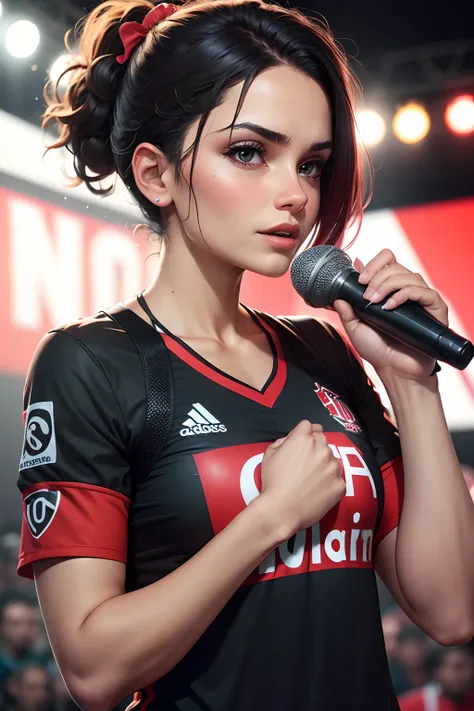 journalist with Flamengo shirt and microphone in hand