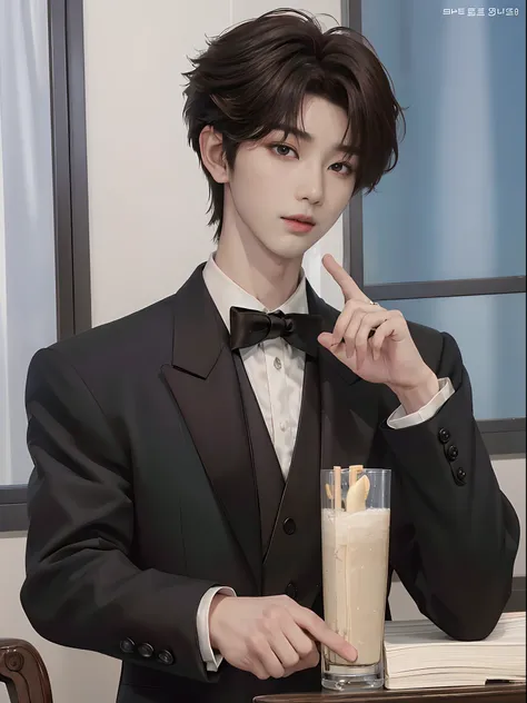 ((4K works))、​masterpiece、（top-quality)、((high-level image quality))、((One Manly Boy))、Slim body、((Man in black tuxedo))、(Detailed beautiful eyes)、window、deacon、Face similar to Chaewon in Ruseraphim、((short hair above the ears))、((Smaller face))、((Neutral ...