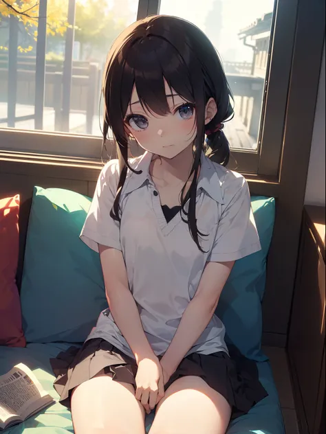 ((masutepiece,Best Quality)),1girl in, Solo,kawaii,(Lori, child, 12 years old:1.5),flat chest,Beautiful detailed black eyes, School uniform, Black hair,bluntbangs,Short hair,disgusted eye, lightsmile, groin, Bedrooms、(masturbation:1.4),（:1.3),Steam breath,...