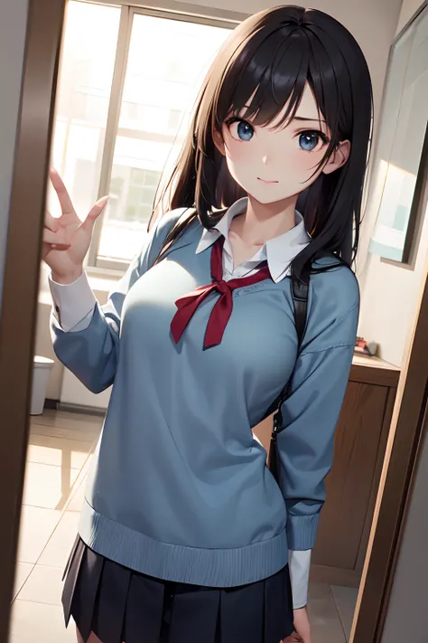 a junior high school student, female, beautiful and cute, solo character, (black single sidelock hair), bright eyes, gradient eyes, school unifrom, breeze blow,(anime style), (cinematic lighting), (ray tracing), ((reflection light)), ((half-body-shot)), at...