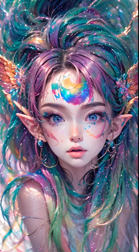 ( Absurd, High quality, Ultra-detailed, Masterpiece, concept-art, smooth, high detail artwork, Hyper-realistic painting , high resolution, paint splatter, colored splashing, Splash of Ink, colored splashing), (( Rainbow hair)),elf, Plum elf, plum , Transpa...