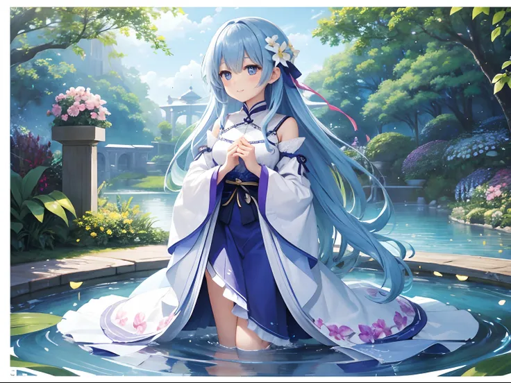 (hight resolution、ultra-detailliert、nffsw、movie)、独奏、1girl in、Happiness、Girl Standing In Orchid Garden、Girl around the petals、A charming smile、full body Esbian、Long-haired girl with blue hair、lightblue hair、facing front、Fantasia、Official art、pop-art、profile...