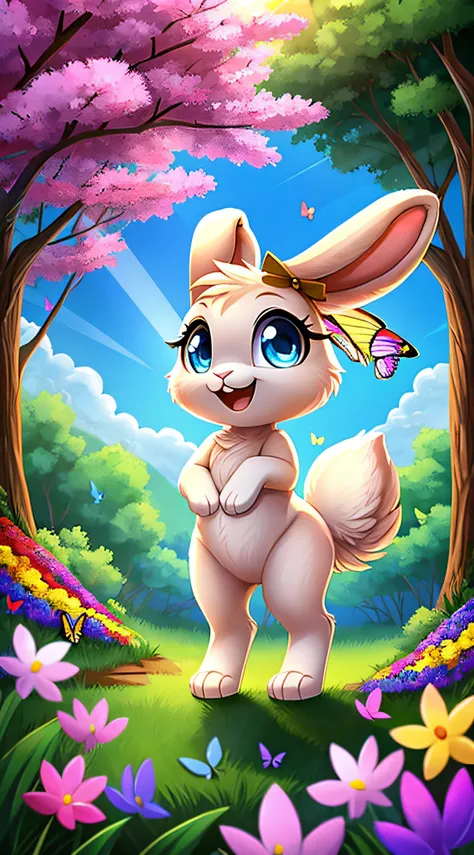 zoomed out image, fantasy style art, cute, adorable, short, tiny, little fluffy female white bunny with blue eyes, 2 extra ears, 4 ears, big floppy ears, long ears, ears perked up, raised ears, long eyelashes, poofy rabbit tail, smiling, standing on two hi...