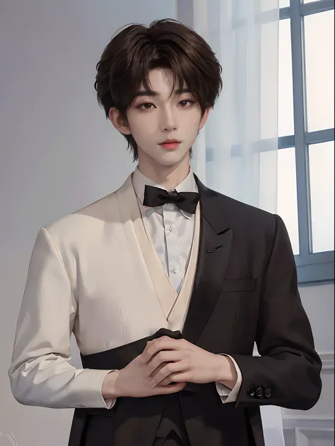 ((4K works))、​masterpiece、（top-quality)、((high-level image quality))、((One Manly Boy))、Slim body、((Man in black tuxedo))、(Detailed beautiful eyes)、window、deacon、Face similar to Chaewon in Ruseraphim、((short hair above the ears))、((Smaller face))、((Neutral ...