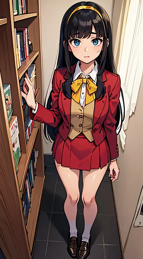 ((mastepiece, top quality)), (solo), distance view, flat chest, slim thighs, sleepy look, uniform, black hair, yellow hair band, long white shirt, blue ribbon across chest, red blazer, red vest, beige skirt, shiny black stockings, loafers shoes, teen girl,...