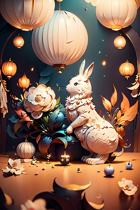 large moon、the white rabbit、palaces、Chinese courtyard、Moon cake、Auspicious clouds、lanterns、bru、k hd