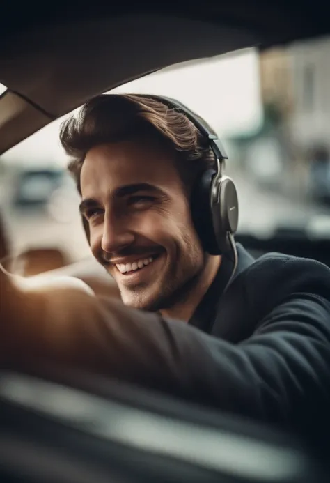 An image of a smiling driver, listening to relaxing music, while patiently waiting in traffic jam.