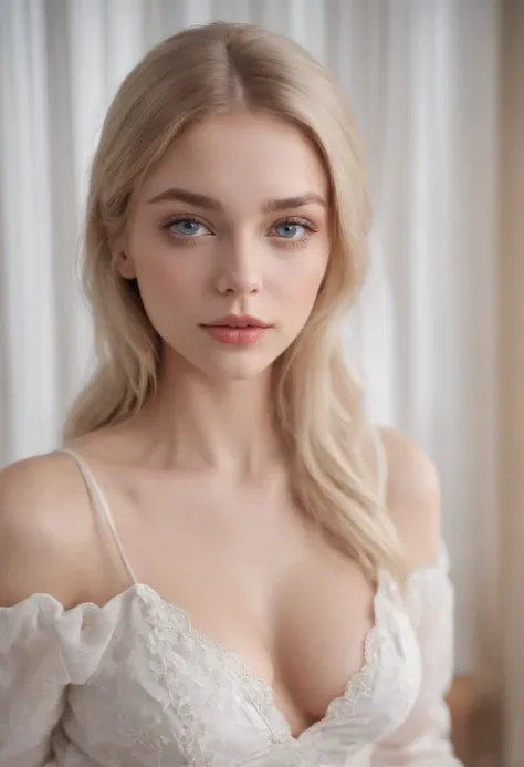 arafed woman fully , sexy girl with blue eyes, ultra realistic, meticulously detailed, portrait sophie mudd, blonde hair and large eyes, selfie of a young woman, bedroom eyes, violet myers, without makeup, natural makeup, looking directly at the camera, fa...