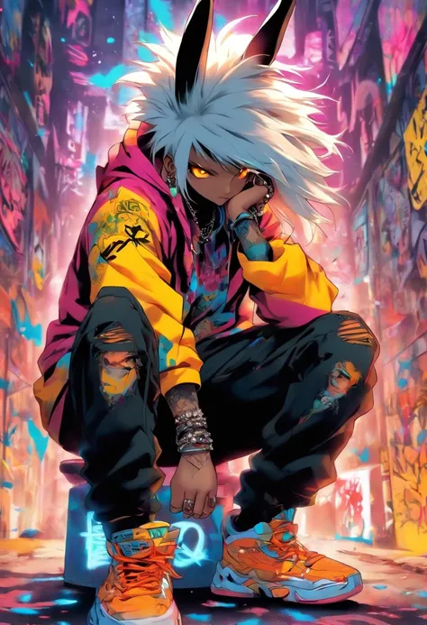 A cool and trendy rabbit, white hair, yellow eyes, wearing trendy hip hop clothing, wearing a hoodie, graphic t-shirt and torn jeans, tons of tattoos and piercings, graffiti style background, highly detailed background, perfect masterpiece, high quality, h...