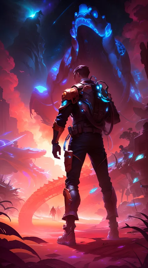 Under nightfall，One man only，There was a man standing in front of a huge octopus, android jones and rhads, epic fantasy sci fi illustration, metaverse concept art, Concept art wallpaper 4K, Science-fi digital art illustration, key art, sci-fi illustrations...