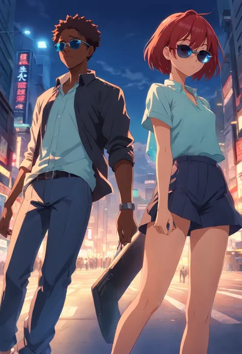 black boy with shaved hair gangster with sunglasses, redhead girl with glasses