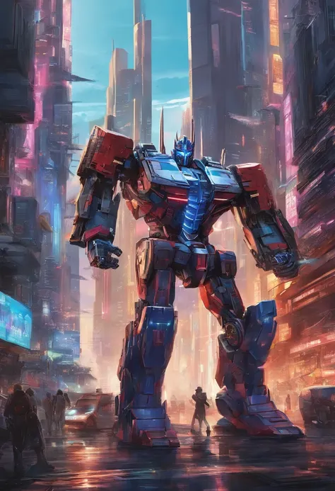 Cyberpunk Future City Optimus Prime is chased by giant robots