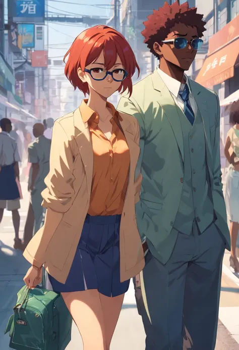 african gangster boy wearing sunglasses, redhead girl wearing glasses